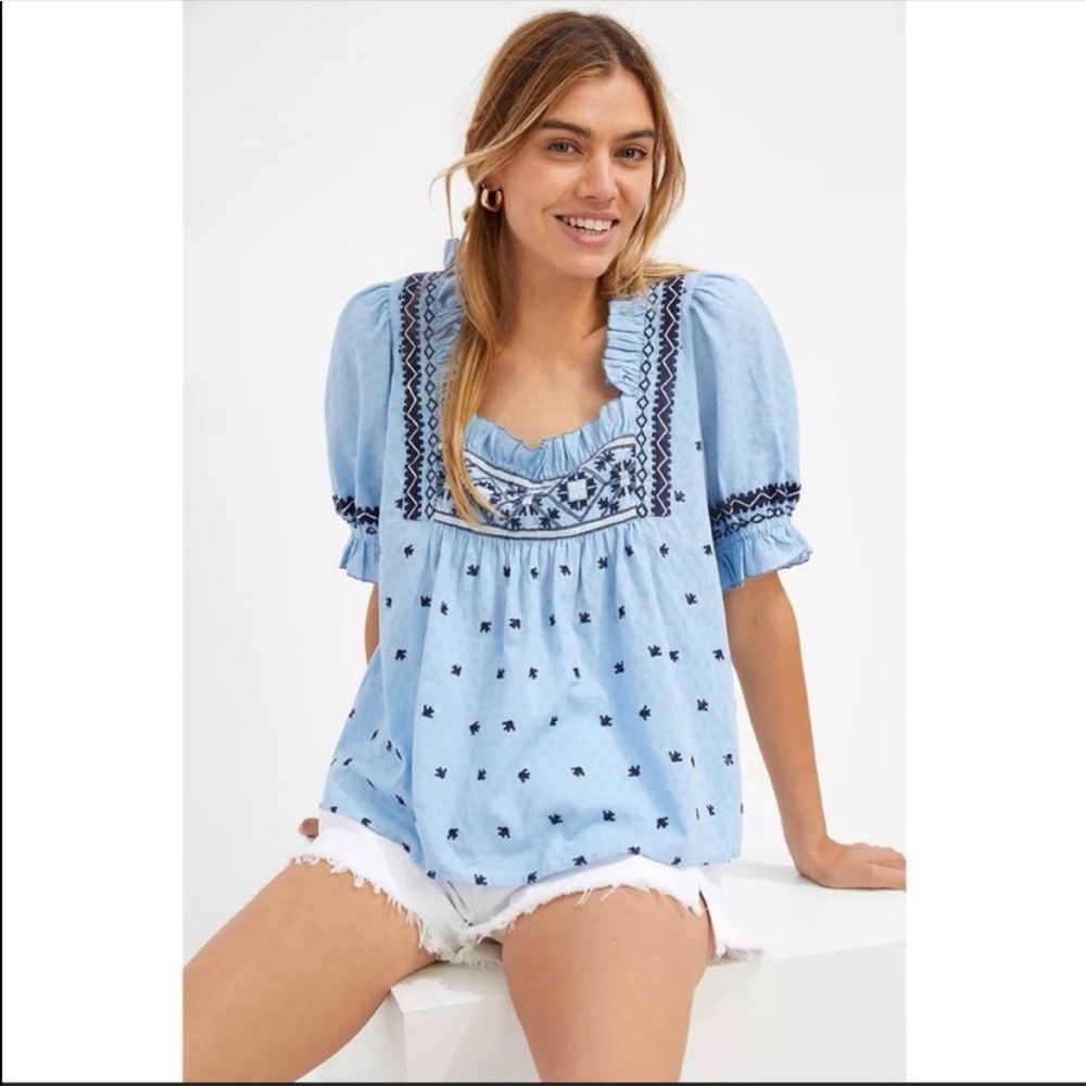 Anthropologie Embroidered Square Neck Blouse by Seen Worn Kept Cotton Blue